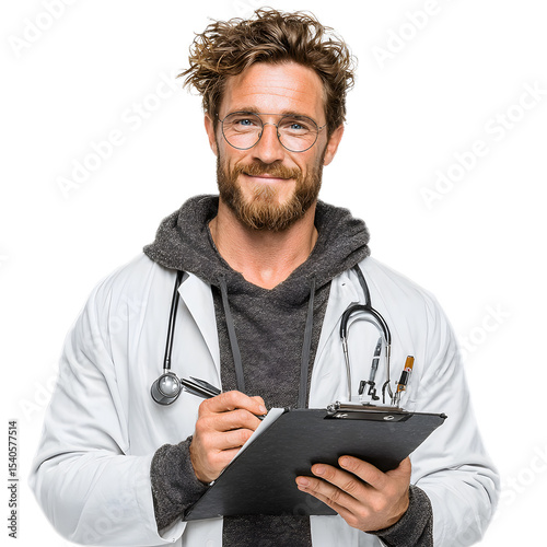 Male Doctor in White Coat Holding Clipboard Taking Notes with Stethoscope