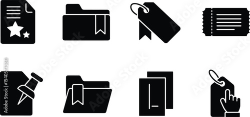 Document, file, folder, tag, label, bookmark, ticket, push pin, selection icon, black silhouette, user interface, vector illustration