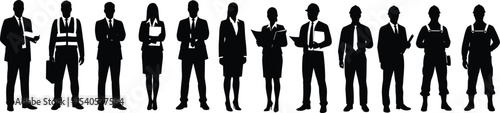 Professional workers, business team, office staff, engineers, silhouettes, men and women, workforce illustration, career occupation, black vector people