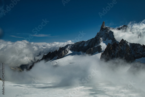 View of Mont Blanc in the fog from the Torino refuge, Punta Helbronner, Aosta, Aosta Valley, Italy, Europe