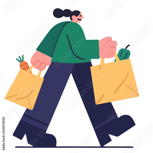 Woman carrying grocery bags, vector illustration, flat style, green, walking