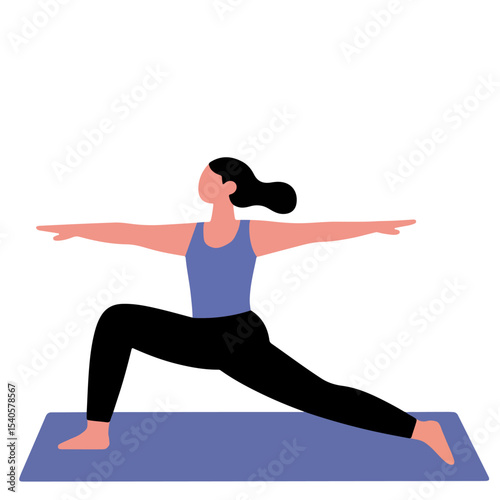 Woman practicing yoga in warrior II pose, vector illustration