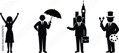 Silhouette people in professions and emotions, business travel, artist with tools, happy woman, umbrella man, city background, vector illustration