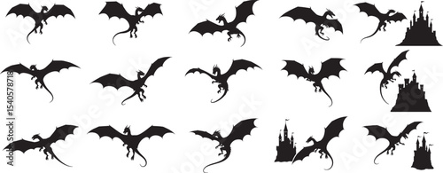 Dragon silhouette vector art illustration pack fantasy mythical creatures castle graphic design elements
