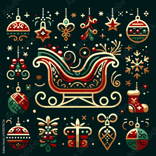 Festive Christmas ornaments and sleigh design with vibrant colors on a dark background