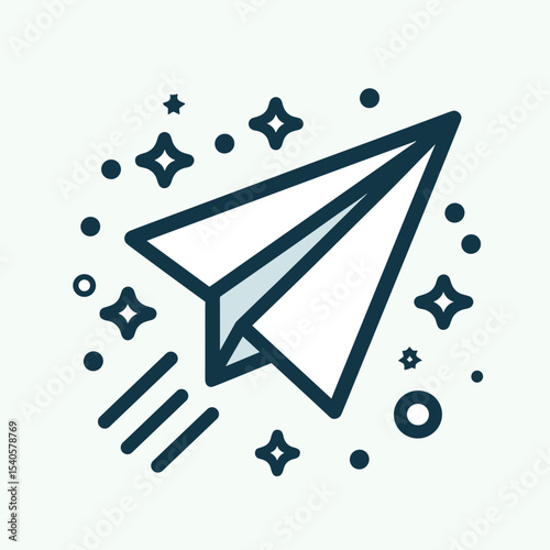 Stylized paper airplane flying through a starry background in a simple graphic design
