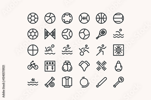 Collection of black line icons representing various sports and recreational activities.