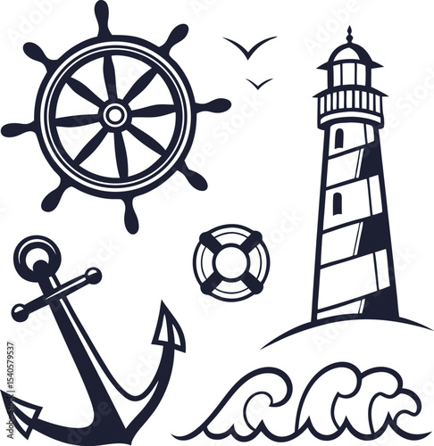 Vector set of vintage nautical and marine icons, including ship wheel, compass, anchor, and other sea travel symbols