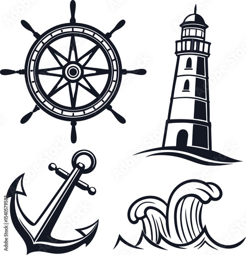 Vintage nautical set featuring ship wheels, anchors, and compass icons for sailing and sea travel illustrations