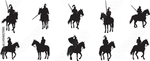 Silhouette knight horse vector illustration medieval warrior equestrian horseback riding army battle icon 100