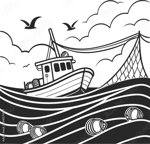 Cartoon vector illustration of a fishing boat sailing on the ocean waves under a clear sky