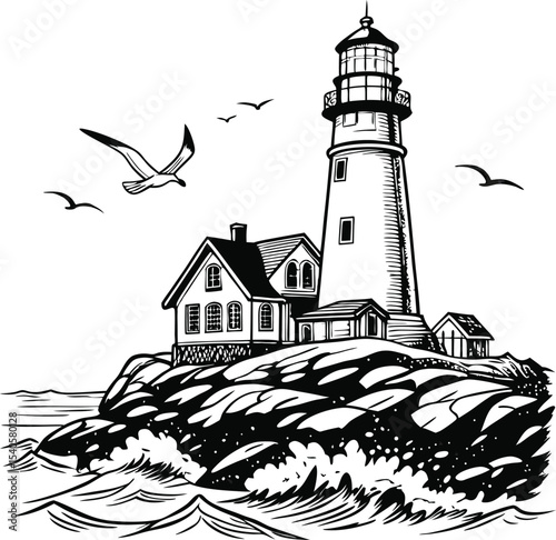 White lighthouse tower stands as a historic beacon on the coastal landscape, guiding navigation across the sea