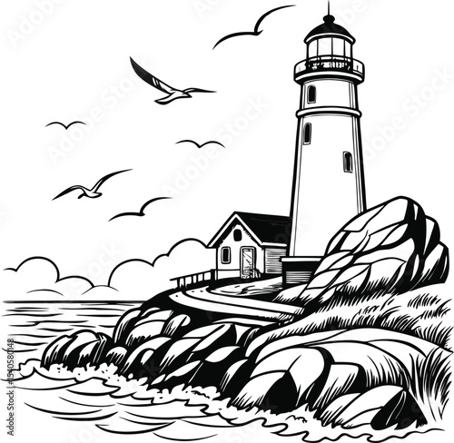 A solitary white lighthouse stands as a beacon of safety on a rugged island coast, overlooking the vast expanse of the sea