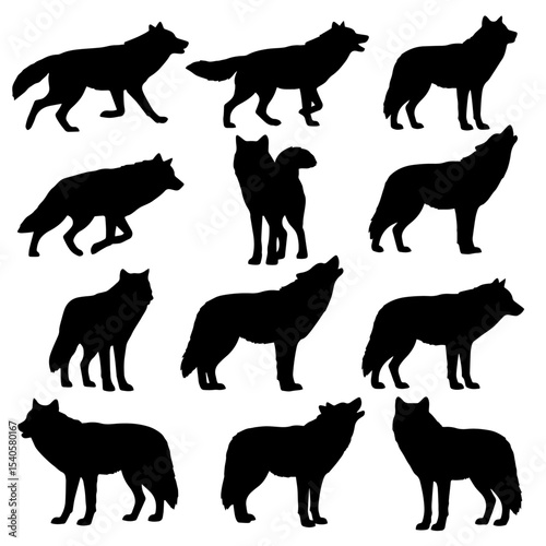 Set of wolf silhouettes isolated vector illustration on a white or transparent background