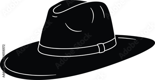 Black cowboy style wide brim hat vector illustration, retro western headwear graphic, stylish fedora silhouette, vintage fashion accessory