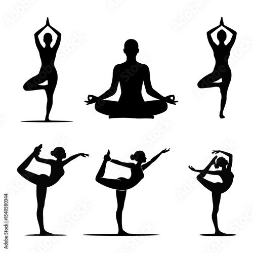 Yoga Silhouette Vector Set – Women in Meditation and Balance Poses on White Background