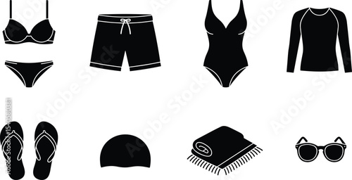 Summer beachwear icon set vector illustration, swimwear, sunglasses, towel, flip flops, bikini, swimsuit, cap, shorts, sun protection clothing