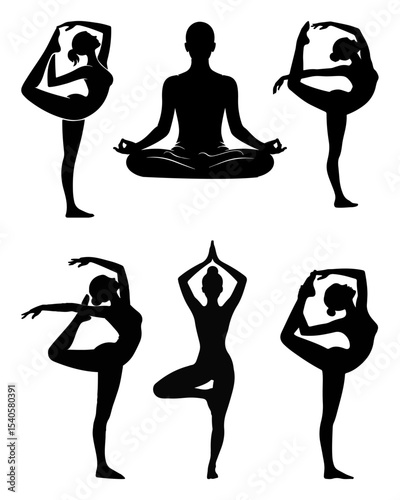 Yoga Silhouette  Women in Meditation and Balance Poses on White Background