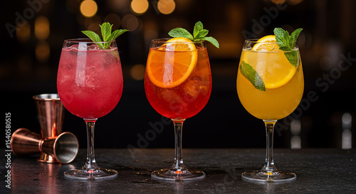 Three tall, stemmed glasses filled with colorful drinks are displayed in a row on a dark bar top