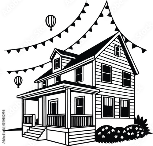House sketch in a forest, an architectural illustration of a cozy village home with a distinctive roof design, perfect for a real estate or construction icon set