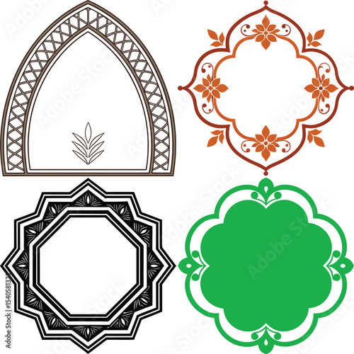 Ornamental Frames Set Arched, Floral, Octagonal, and Clover, Isolated on White