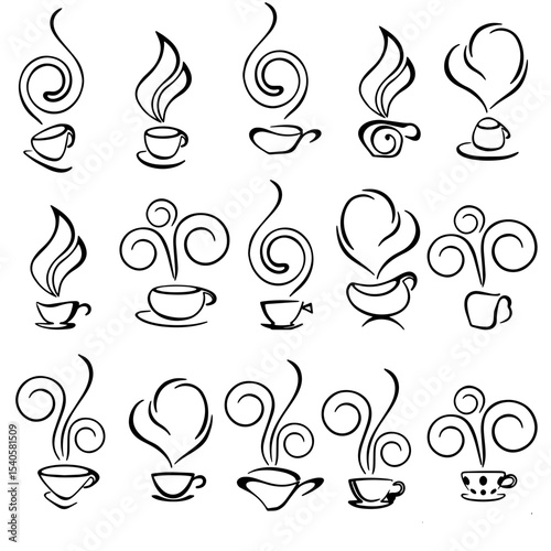 Steaming Coffee Cup Illustrations: A Collection of Artistic Hot Drink Graphics with Swirls & Hearts