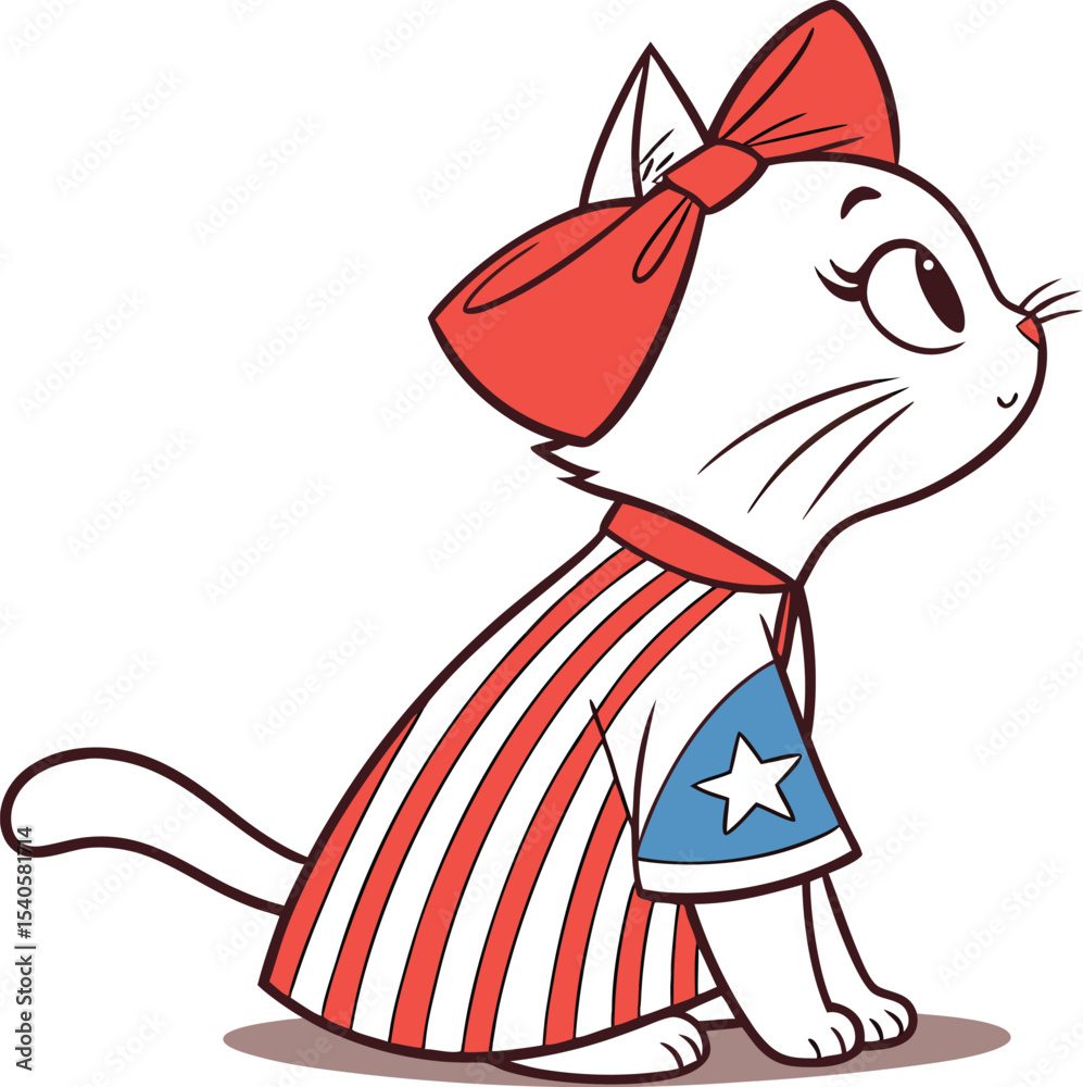 Funny cartoon vector illustration of a cute cat with a bow and a playful mouse, ideal for fun animal character designs