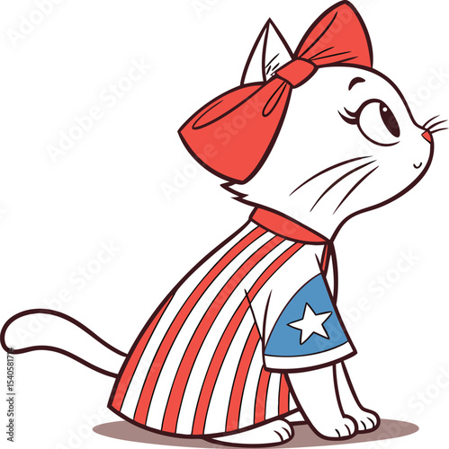 Funny cartoon vector illustration of a cute cat with a bow and a playful mouse, ideal for fun animal character designs