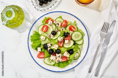 Fresh vegan salad with tofu, cucumbers, and tomatoes