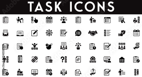 Task Icons set vector illustration with collection of job, work, duty, agreement, activity, effort, process, implementation, resolve, accomplish, project, operation, schedule, flow, agenda, timeline.