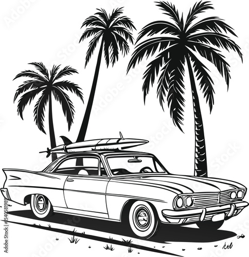 Classic vintage automobile on a summer beach with palm trees