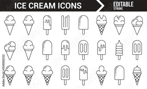 Line Drawings of Ice Cream Desserts: Cones, Popsicles, and Sundae Bowls