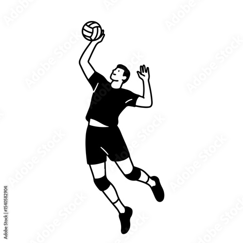 Black and white vector illustration of a volleyball player spiking the ball
