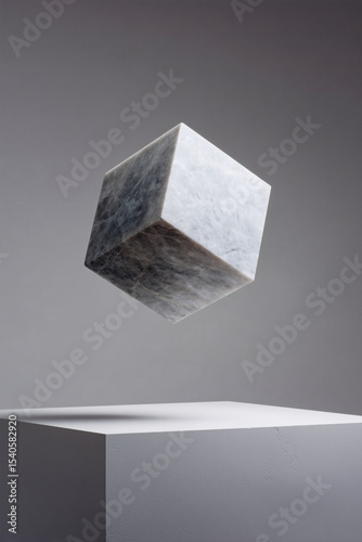 Floating Marble Cube: A striking visual balance of form and texture, suspended in a minimalist studio.