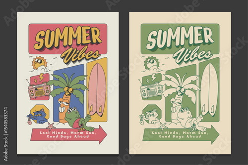summer poster with chill cartoon characters, vector illustration
