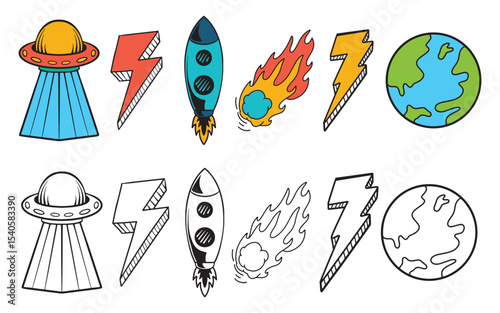 Retro 70's doddle vector set, rockets, fire ball, globe