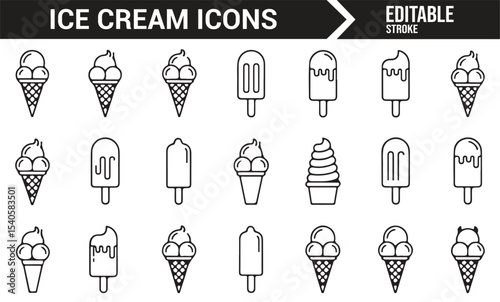 Simple Icons of Ice Cream Cones, Popsicles, and Sundaes in Minimalist Style