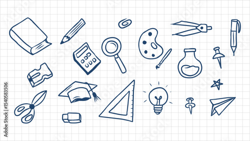 Hand drawn school and education elements on a graph paper background