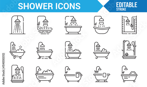 Collection of Shower and Bathtub Icons in Clean Design for Bathroom Use