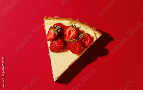 Top-down view of New York cheesecake slice topped with fresh strawberries on red background.