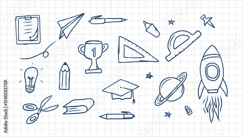Hand drawn school and education elements on a graph paper background