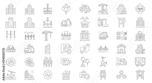 Architectural and Construction Line Icons: Buildings, Infrastructure, and Machinery