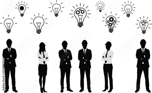 Business team with idea, innovation concept, light bulb icons, teamwork creativity, brainstorming professionals, solution strategy, engineer silhouettes, vector illustration