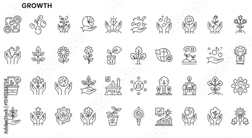 Collection of growth icons representing business development and environmental care