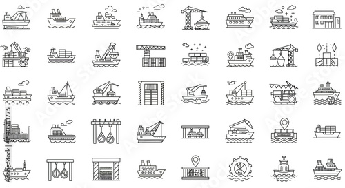 Detailed Line Art Illustration of Various Cargo Ships and Port Infrastructure Vessels