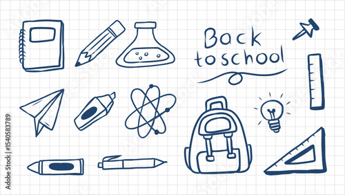 Hand drawn school and education elements on a graph paper background