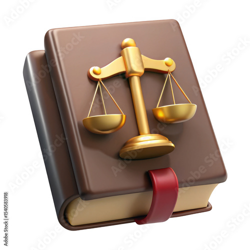 3d realistic law book with scales of justice isolated on transparent background