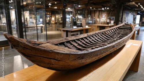 A boat is on display in a museum