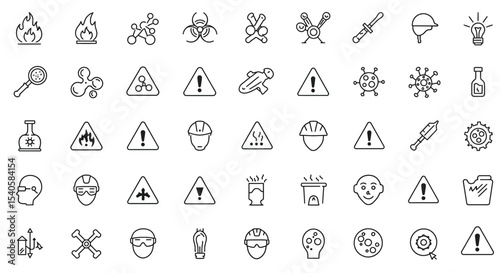 Collection of Line Art Icons Representing Safety Hazards and Precautions