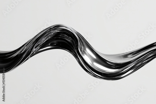 Fluid chrome wave against a clean backdrop, reflecting light. Abstract design in flowing motion with smooth curves.